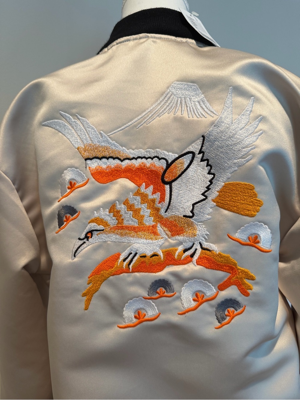 Urban Renewal Cream Satin Embroidered Crane Bomber Jacket with Orange Accents - Picture 5 of 5
